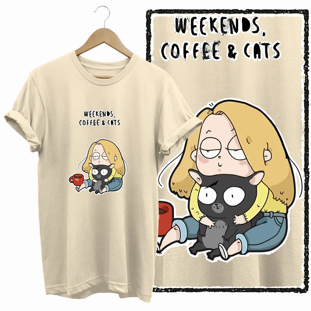 COOLMIND 100% Cotton Beige Cat Print Exclusive Graphic Women T Shirt Big Size Loose Cotton Cat Lover Women T Shirt Lovely Cat Te