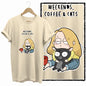 COOLMIND 100% Cotton Beige Cat Print Exclusive Graphic Women T Shirt Big Size Loose Cotton Cat Lover Women T Shirt Lovely Cat Te