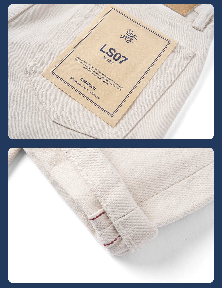SIMWOOD High Standard 2026 Autumn Winter New Loose Straight 15oz Heavyweight White Selvedge Jeans Men Plus Size Denim Pants