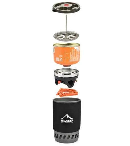 Portable Camping Coffee Maker Set - 0.9L French Press with Integrated Gas Stove System