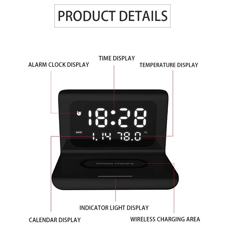 10W QI Universal Multi-function Mobile Phone Wireless Charger with Alarm Clock & Time / Calendar / Temperature Display