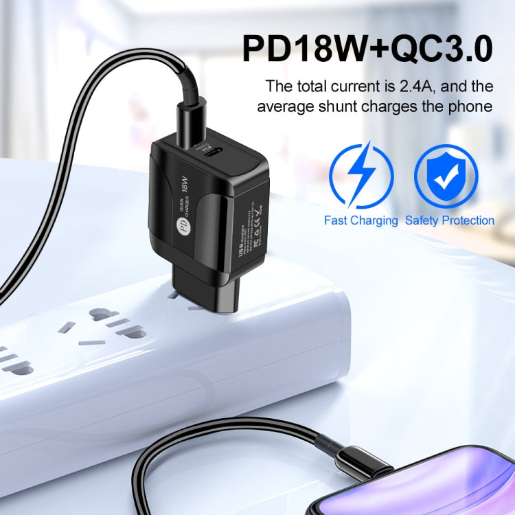 18W PD + QC 3.0 Fast Charge Travel Charger Power Adapter With LED Indication Function