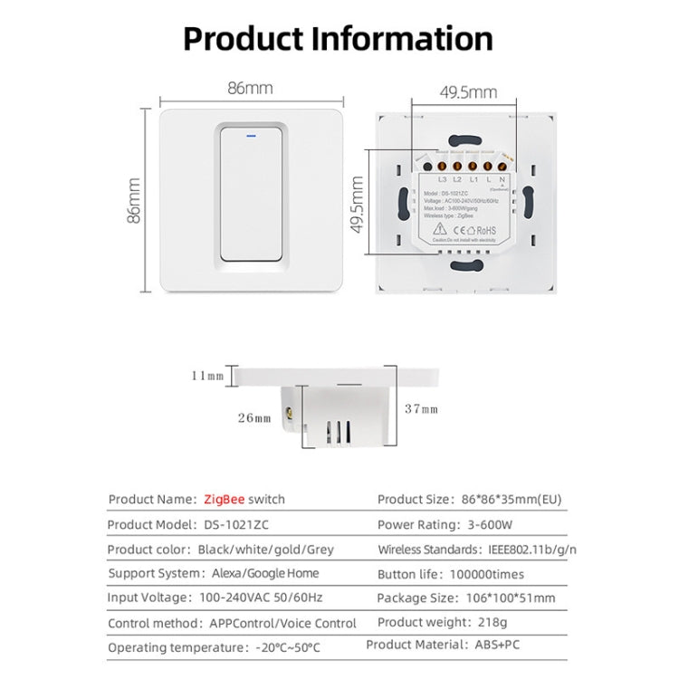 Tuya ZigBee Smart Single-fire Zero-fire Sharing Switch Phone Control Voice Panel EU Plug, Spec: