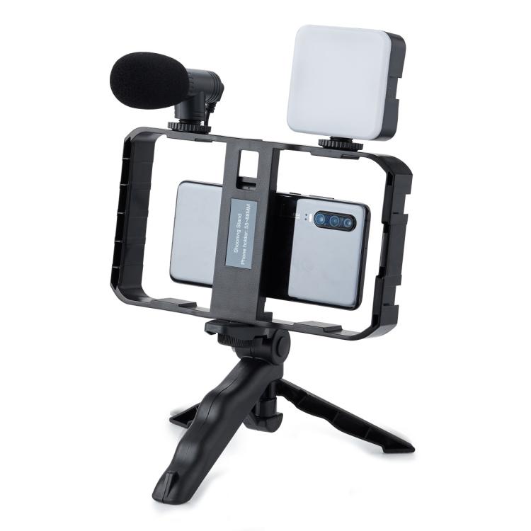 Smartphone Cage Stabilizer with Microphone & LED Fill Light - Anti-Shake Handheld Gimbal for Vlogging