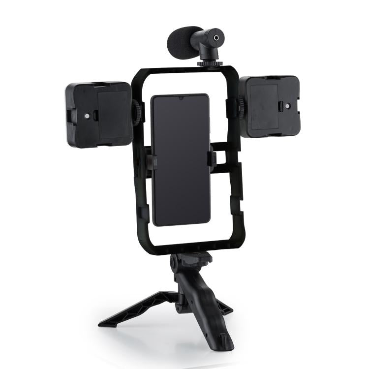 Smartphone Cage Stabilizer with Microphone & LED Fill Light - Anti-Shake Handheld Gimbal for Vlogging