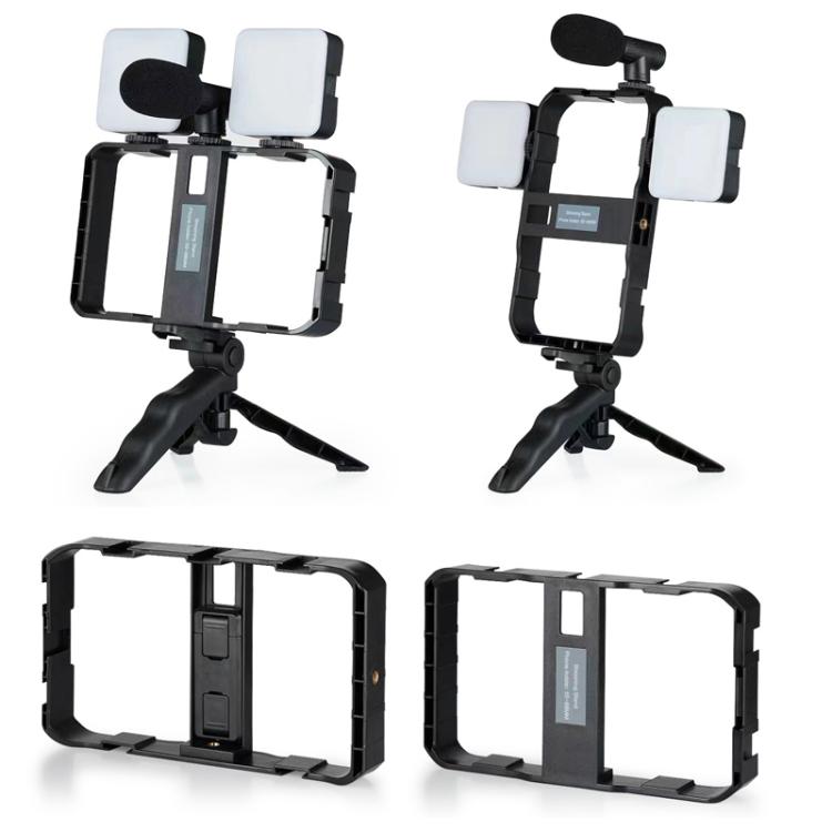 Smartphone Cage Stabilizer with Microphone & LED Fill Light - Anti-Shake Handheld Gimbal for Vlogging