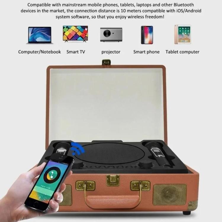 SDRD Wooden Box Karaoke Machine With Wireless Dual Mics All-In-One Speaker System Supports U Disk/TF Card