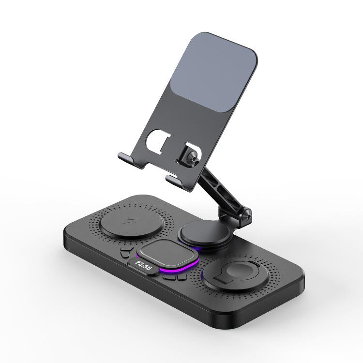 4-in-1 Fast Wireless Charging Station for Phone/Tablet/Apple Watch/AirPods Magnetic Foldable Stand with Clock Display & Cool Light Effect