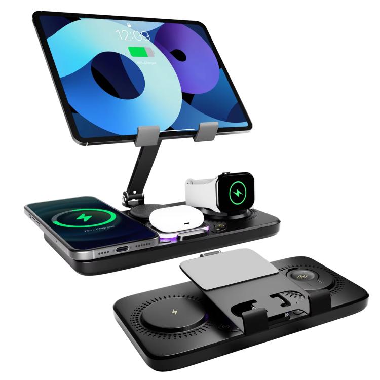 4-in-1 Fast Wireless Charging Station for Phone/Tablet/Apple Watch/AirPods Magnetic Foldable Stand with Clock Display & Cool Light Effect