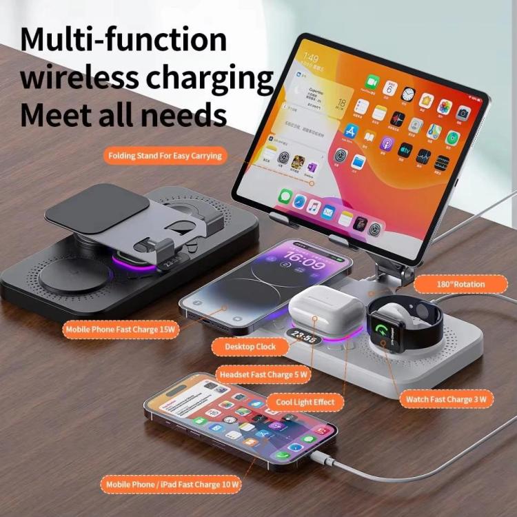 4-in-1 Fast Wireless Charging Station for Phone/Tablet/Apple Watch/AirPods Magnetic Foldable Stand with Clock Display & Cool Light Effect