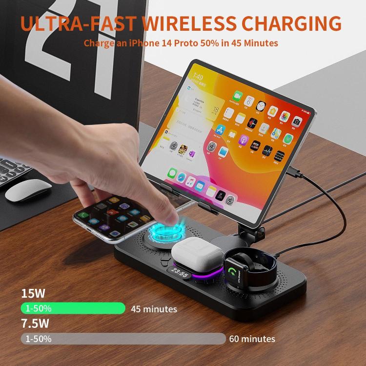 4-in-1 Fast Wireless Charging Station for Phone/Tablet/Apple Watch/AirPods Magnetic Foldable Stand with Clock Display & Cool Light Effect