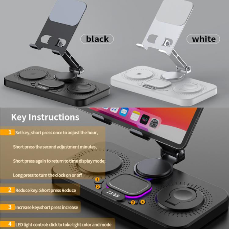 4-in-1 Fast Wireless Charging Station for Phone/Tablet/Apple Watch/AirPods Magnetic Foldable Stand with Clock Display & Cool Light Effect