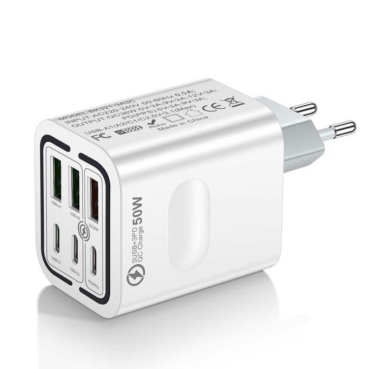 BK321 50W 3USB+3Type-C 6-Ports Fast Charging Phone Charger