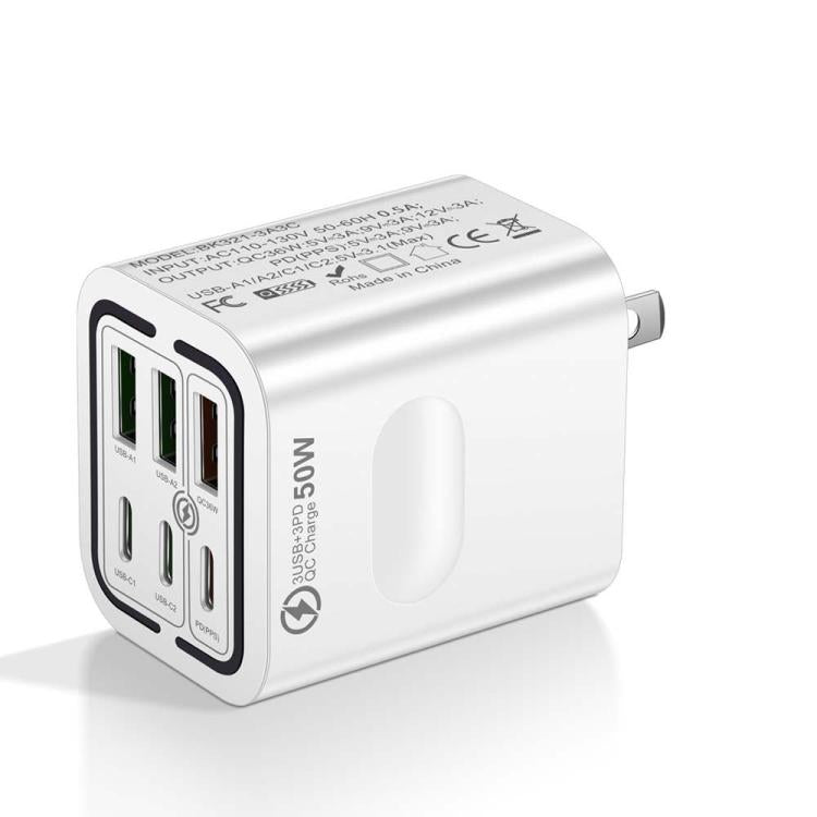 BK321 50W 3USB+3Type-C 6-Ports Fast Charging Phone Charger