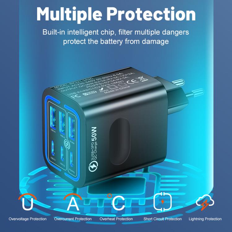 BK321 50W 3USB+3Type-C 6-Ports Fast Charging Phone Charger