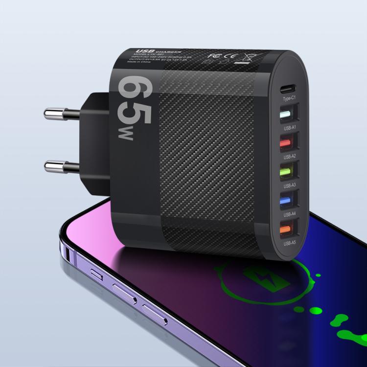 65W 5USB+Type-C 6-Ports Cell Phone Charger