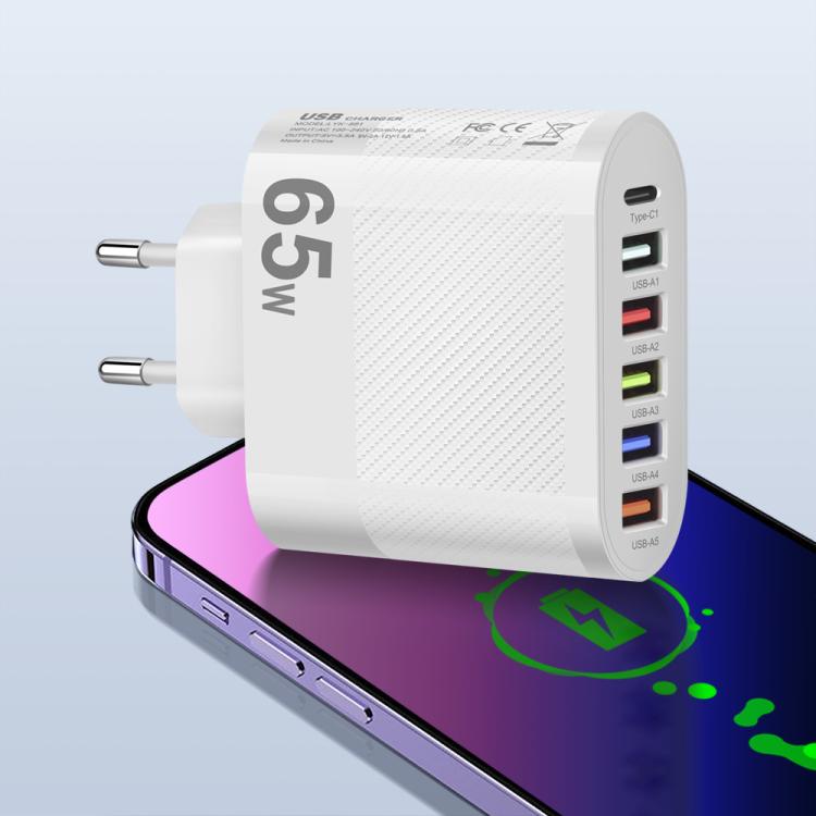 65W 5USB+Type-C 6-Ports Cell Phone Charger