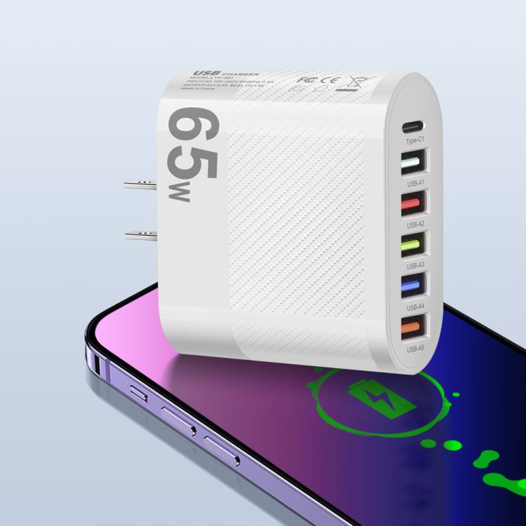 65W 5USB+Type-C 6-Ports Cell Phone Charger