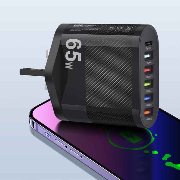65W 5USB+Type-C 6-Ports Cell Phone Charger