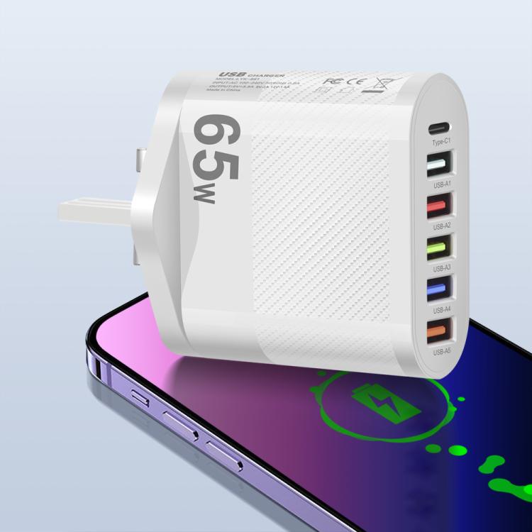 65W 5USB+Type-C 6-Ports Cell Phone Charger