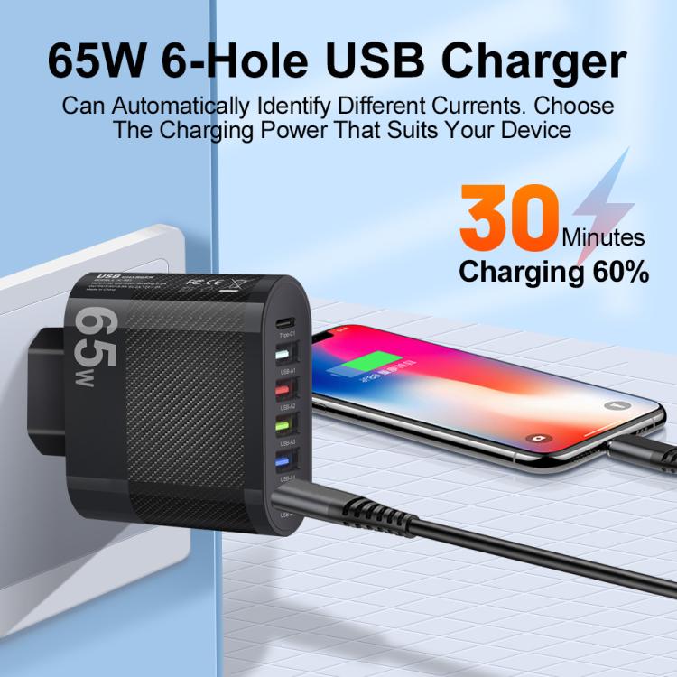 65W 5USB+Type-C 6-Ports Cell Phone Charger