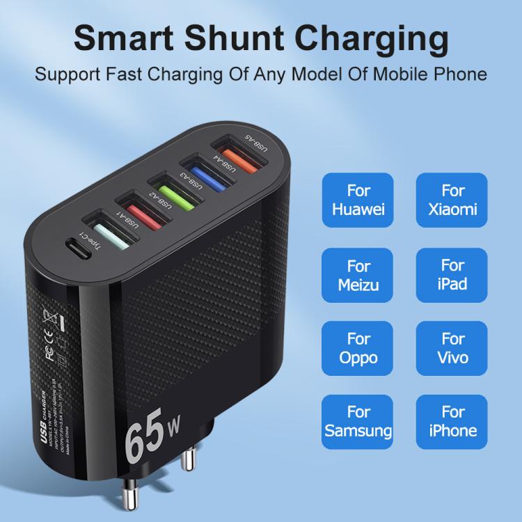 65W 5USB+Type-C 6-Ports Cell Phone Charger