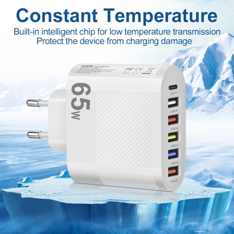 65W 5USB+Type-C 6-Ports Cell Phone Charger