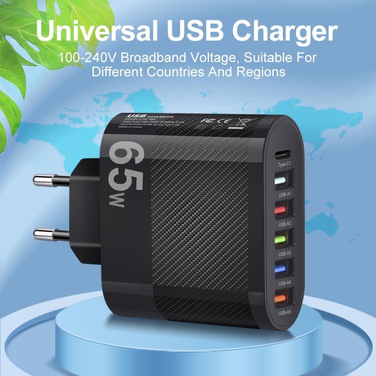 65W 5USB+Type-C 6-Ports Cell Phone Charger