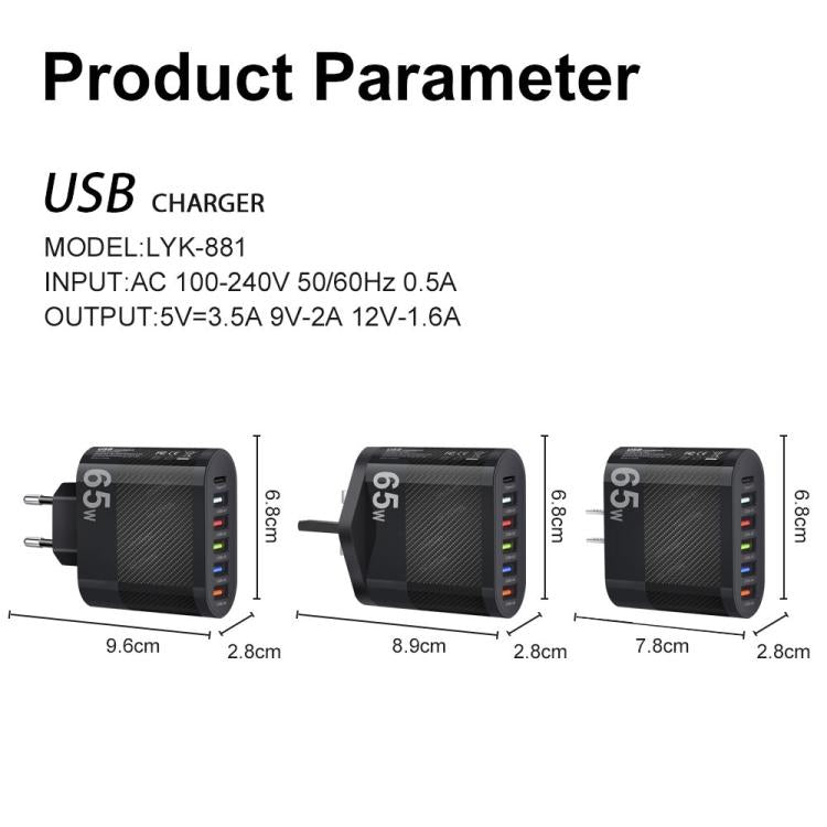65W 5USB+Type-C 6-Ports Cell Phone Charger