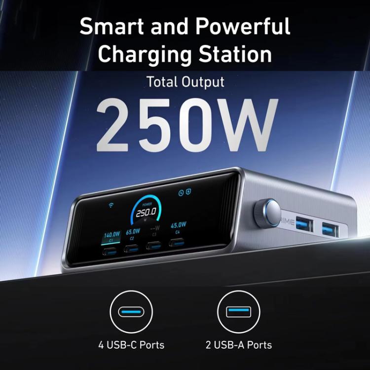 ANKER Prime Gallium Nitride 250W Fast Charger 4 Type-C+2 USB 6-port Desktop Smart Display Charging Station, US Plug