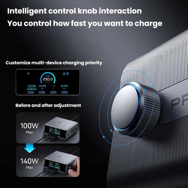 ANKER Prime Gallium Nitride 250W Fast Charger 4 Type-C+2 USB 6-port Desktop Smart Display Charging Station, US Plug