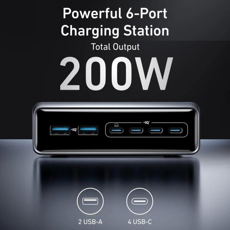 Prime 200W Gallium Nitride Desktop Charger 4 Type-C+2 USB 6 Ports Charging Stand, US Plug