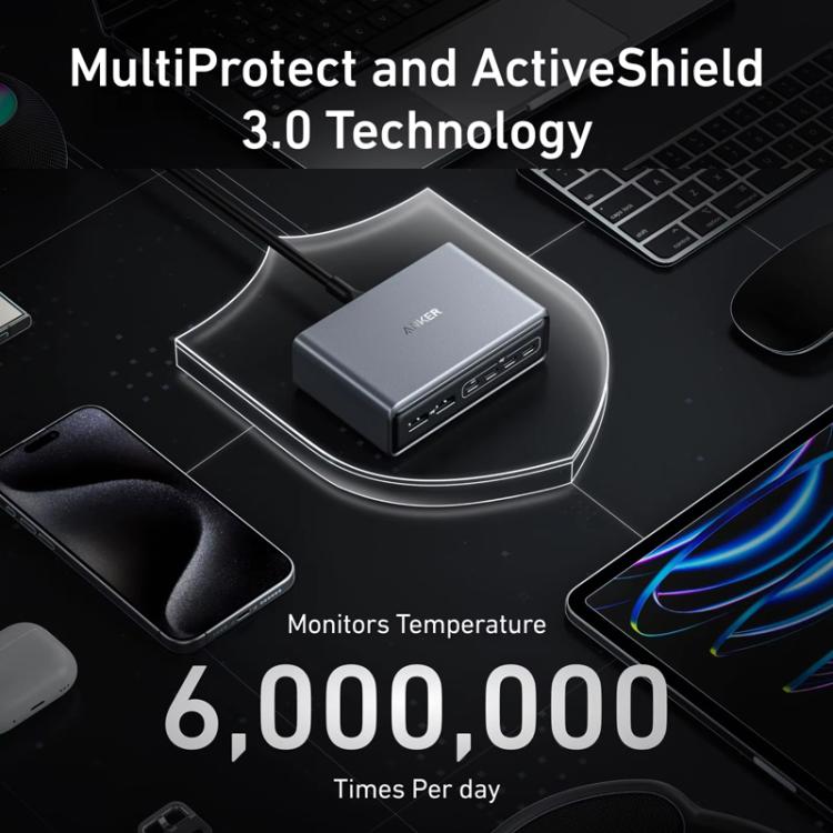 Prime 200W Gallium Nitride Desktop Charger 4 Type-C+2 USB 6 Ports Charging Stand, US Plug