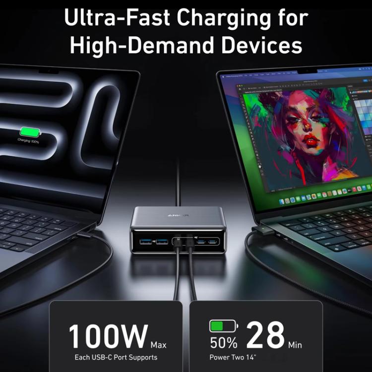 Prime 200W Gallium Nitride Desktop Charger 4 Type-C+2 USB 6 Ports Charging Stand, US Plug