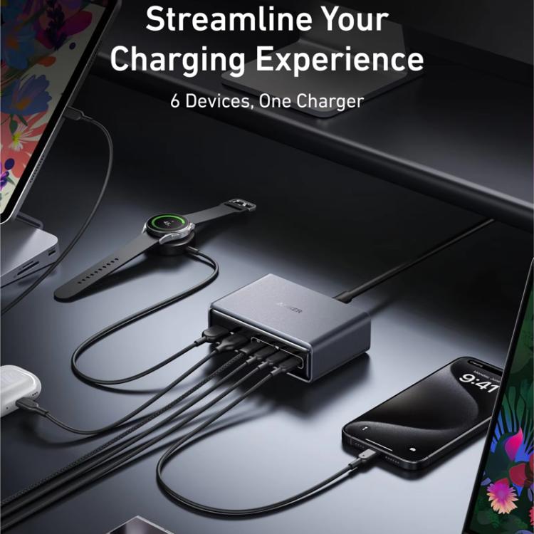 Prime 200W Gallium Nitride Desktop Charger 4 Type-C+2 USB 6 Ports Charging Stand, US Plug