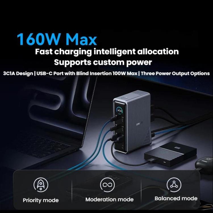 ANKER A83B6 14 In 1 Prime 160W Desktop Digital Display Charging Docking Station HDMI HD Cast Screen, US Plug