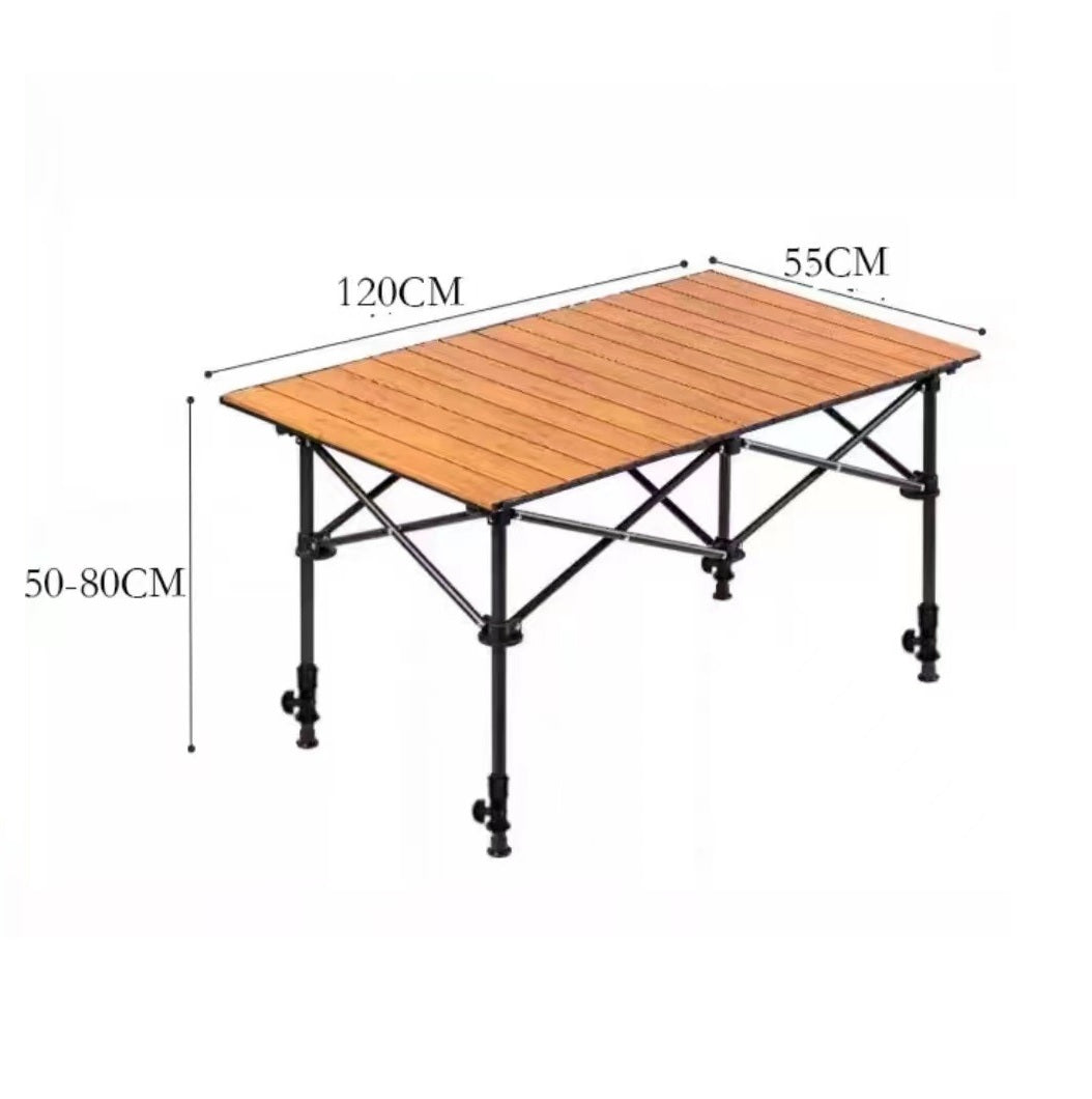 ECOTREK 120cm foldable camping table with adjustable height and wood tabletop, ideal for portable outdoor dining and activities.