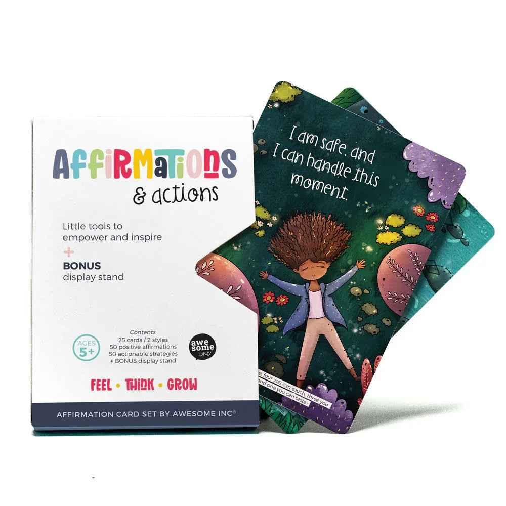 Affirmations card set for kids aged 5+ by Awesome Inc NZ, featuring colorful positive thinking cards for children.
