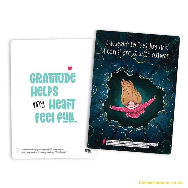 Affirmations card set for kids aged 5+ by Awesome Inc NZ, featuring colorful cards with positive messages to empower young minds.