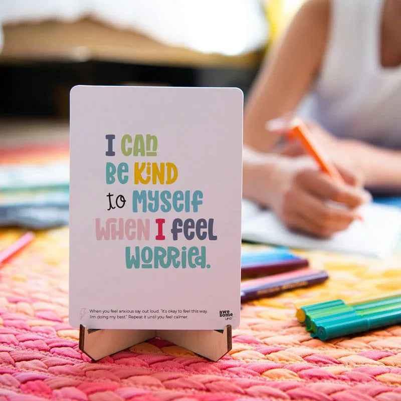 Colorful affirmation card set for kids aged 5 and up by Awesome Inc NZ, featuring positive thinking messages on illustrated cards.