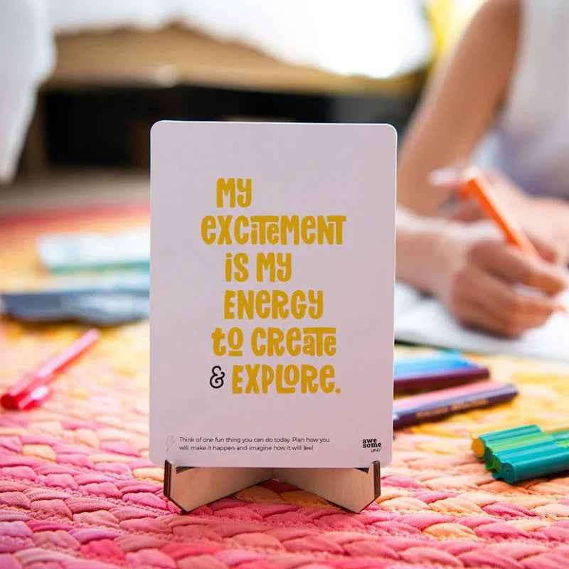 Affirmations card set for kids age 5 and up by Awesome Inc NZ, featuring colorful cards with positive thinking messages.