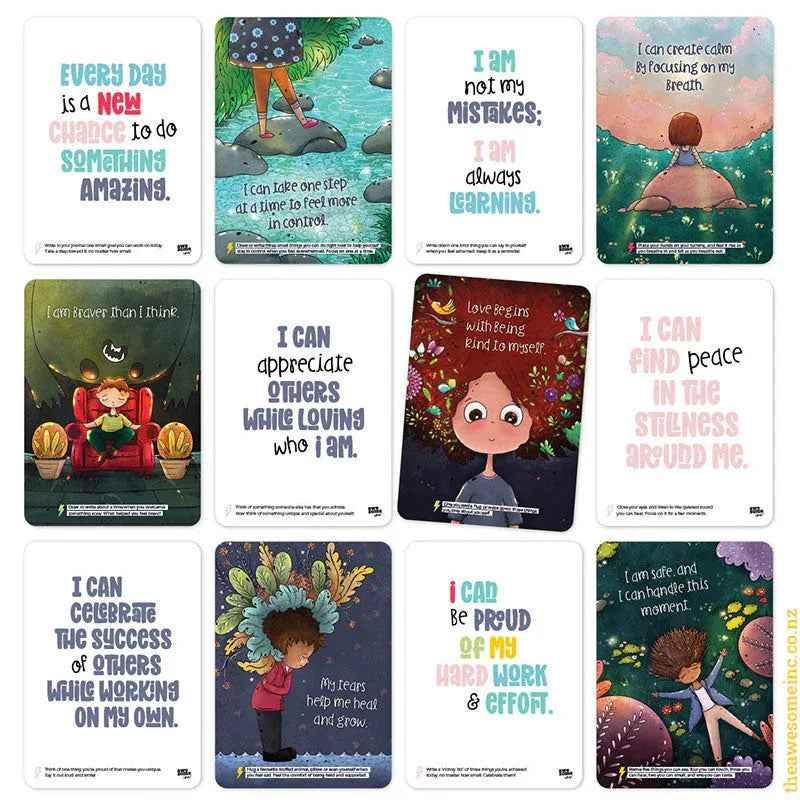 Children's affirmations card set by Awesome Inc NZ featuring positive thinking cards for kids aged 5 and up.