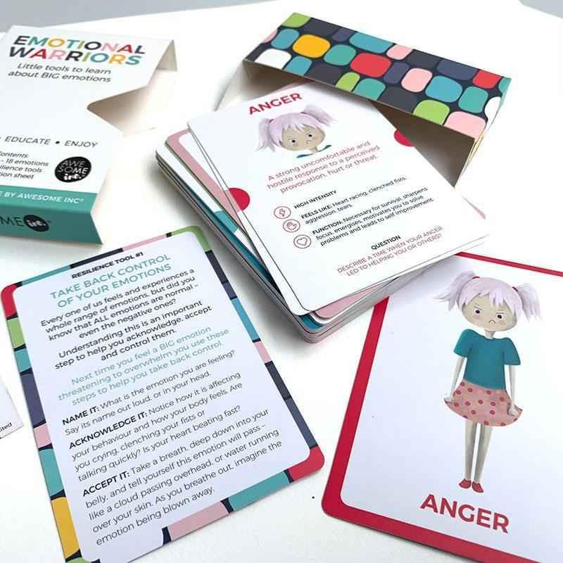 Emotional Warriors card set for kids aged 3+ by Awesome Inc NZ, featuring colorful cards for fun and educational emotional learning.