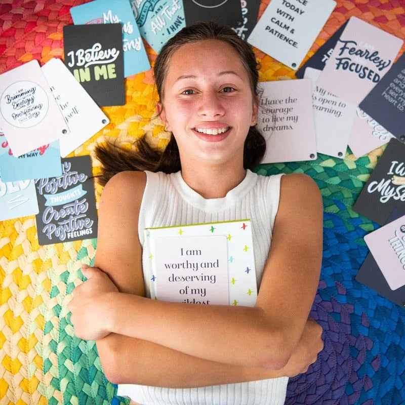 Positive affirmation cards for kids, inspiring card set by Awesome Inc NZ, featuring colorful designs for children age 6 and up.
