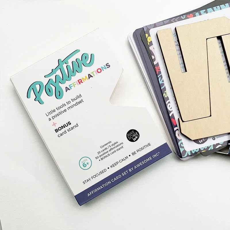 Positive affirmation cards for kids from Awesome Inc NZ, inspiring card set for children age 6 and up, featuring colorful, uplifting designs.