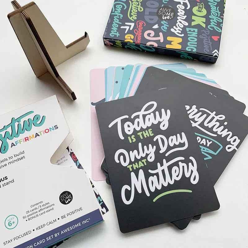 Positive affirmation cards for kids by Awesome Inc NZ, inspiring card set for children aged 6+ with colorful, uplifting designs.