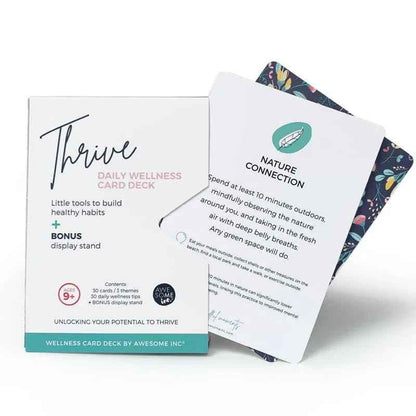 Thrive Daily Wellness Card Deck for Kids by Awesome Inc NZ, featuring colorful cards with positive messages for children aged 9+.