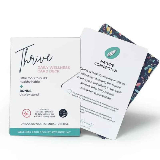 Thrive Daily Wellness Card Deck for Kids by Awesome Inc NZ, featuring colorful cards with positive messages for children aged 9+.