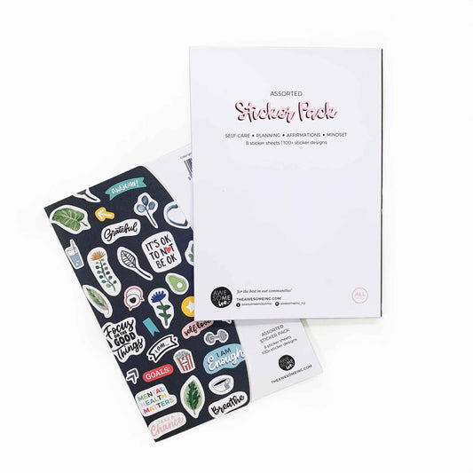 Set of decorative wellbeing stickers from Awesome Inc NZ featuring positive vibes and mindfulness-themed designs.