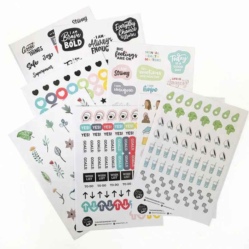 Set of decorative stickers from Awesome Inc NZ with positive vibes and mindfulness-themed designs for wellbeing and self-care.